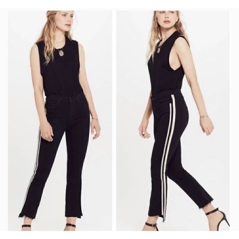 MOTHER DENIM THE INSIDER CROP STEP FRAY JEANS GUILTY RACER SIDE STRIPE 24 BLACK